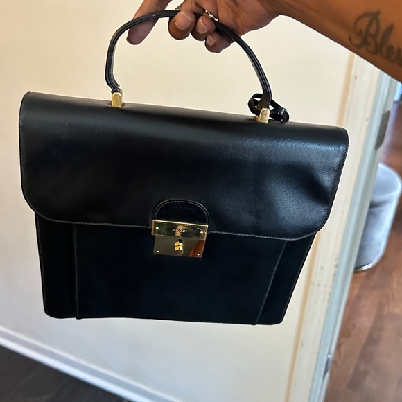 Gucci Handbags - Gucci Black Leather Satchel with Gold Accents